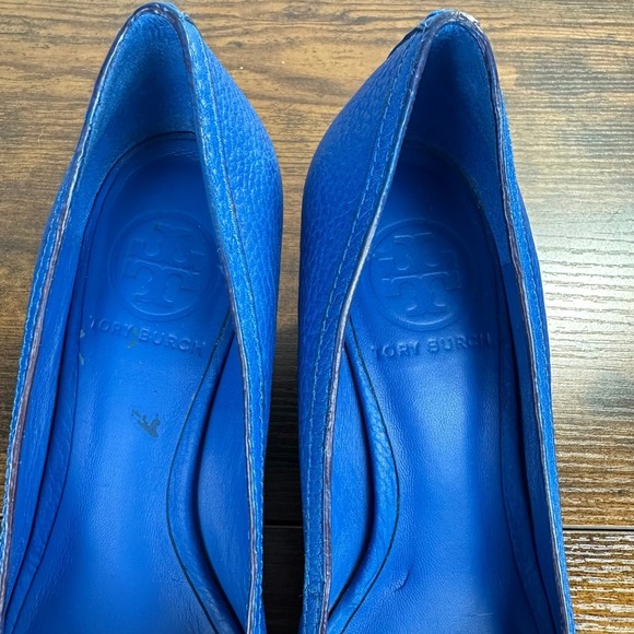 Tory Burch Natalya pebbled leather wedge open toe shoes Blue Size 6.5 - Picture 4 of 11